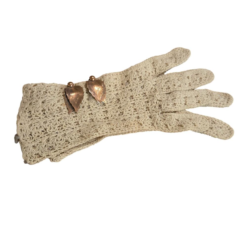 Vintage Mid-Century Crochet Lace Gloves with Copper Leaf Clip-On Earrings